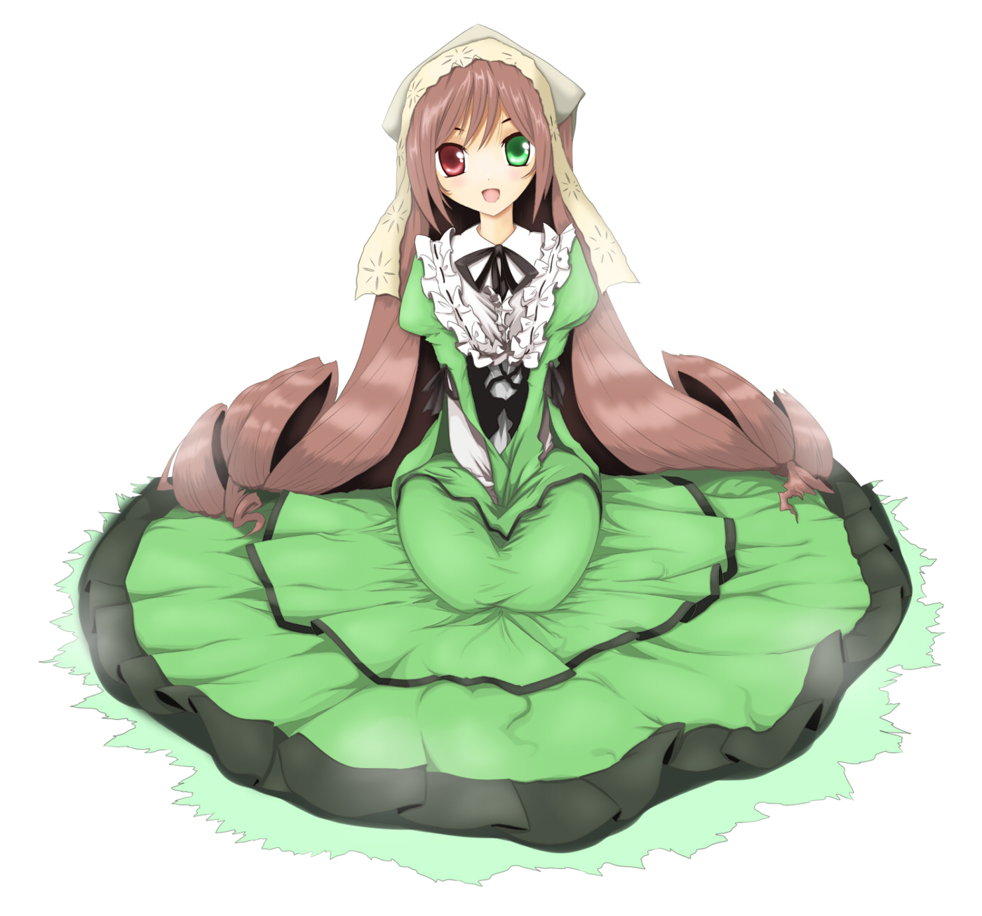 kurohimemm, suiseiseki, rozen maiden, bad id, bad pixiv id, highres, 00s, brown hair, dress, frills, hairband, headscarf, heterochromia, long hair, smile, solo, white headscarf