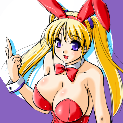 yuuyami sabou, bad id, bad pixiv id, 1girl, animal ears, blonde hair, breasts, cleavage, fake animal ears, female focus, large breasts, long hair, playboy bunny, pointing, purple eyes, rabbit ears, solo, twintails