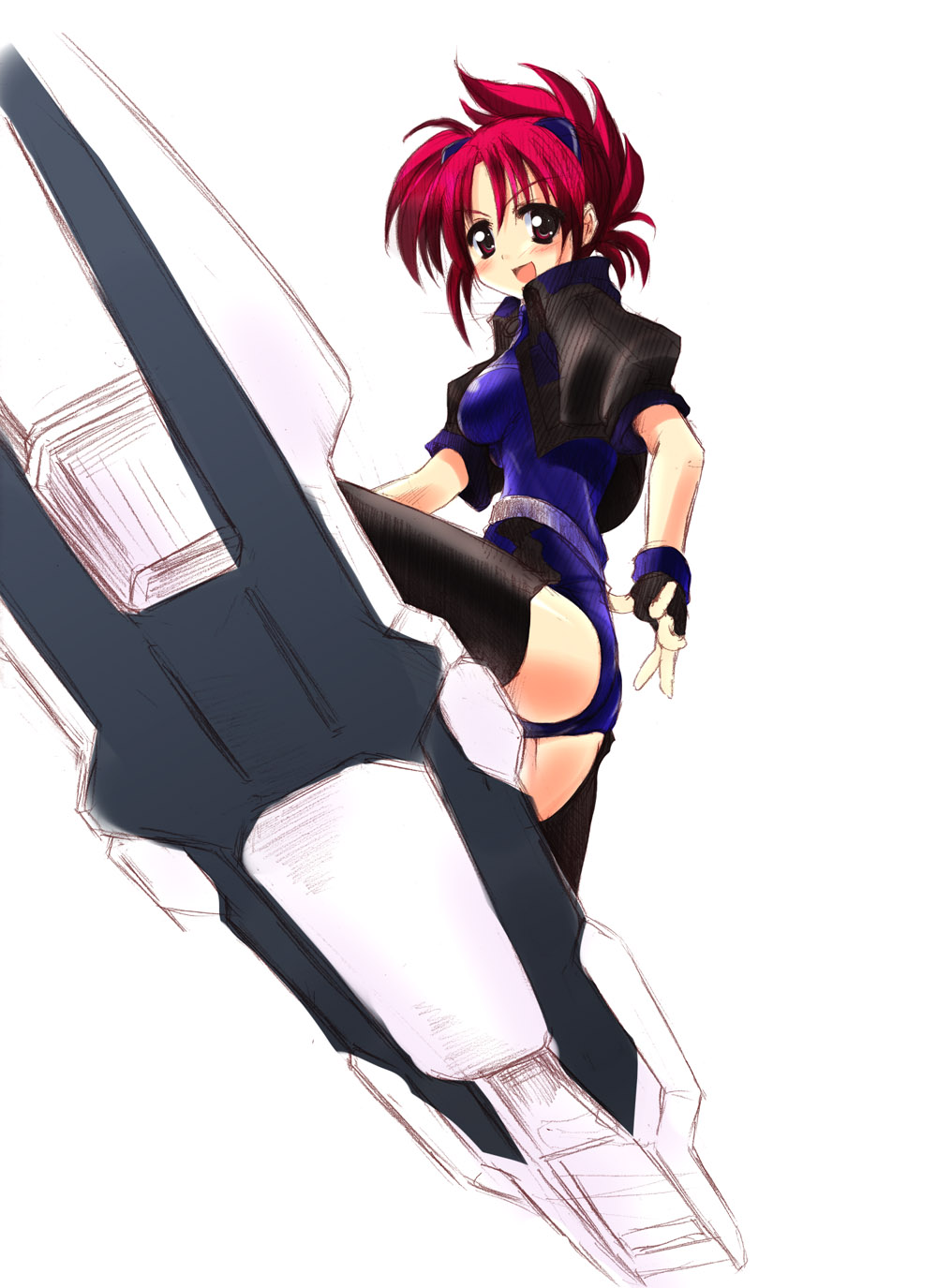 iga tamaki, numbers (nanoha), wendi (nanoha), lyrical nanoha, mahou shoujo lyrical nanoha, mahou shoujo lyrical nanoha strikers, highres, 00s, 1girl, ass, blush, breasts, female focus, fingerless gloves, from below, gloves, red eyes, red hair, smile, solo, thighhighs