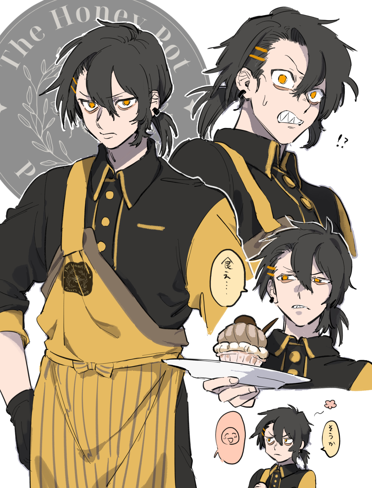 original, commentary request, highres, translation request, 1boy, ano amesuke, apron, bags under eyes, black gloves, black hair, clenched teeth, cupcake, earrings, food, gloves, hair between eyes, hair ornament, hairpin, holding, holding plate, jewelry, male focus, orange eyes, plate, ponytail, sharp teeth, teeth, yellow apron