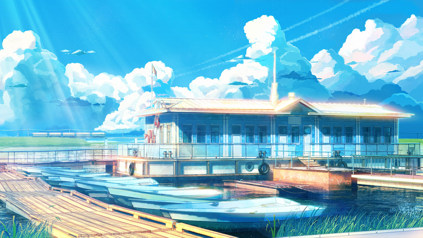 arsenixc, vvcephei, erogame project, everlasting summer, original, artist collaboration, afloat, boat, bridge, building, cloud, contrail, day, flag, floating, grass, innertube, lake, light rays, no humans, pier, reeds, rowboat, scenery, sky, sunbeam, sunlight, swim ring, train, water, watercraft