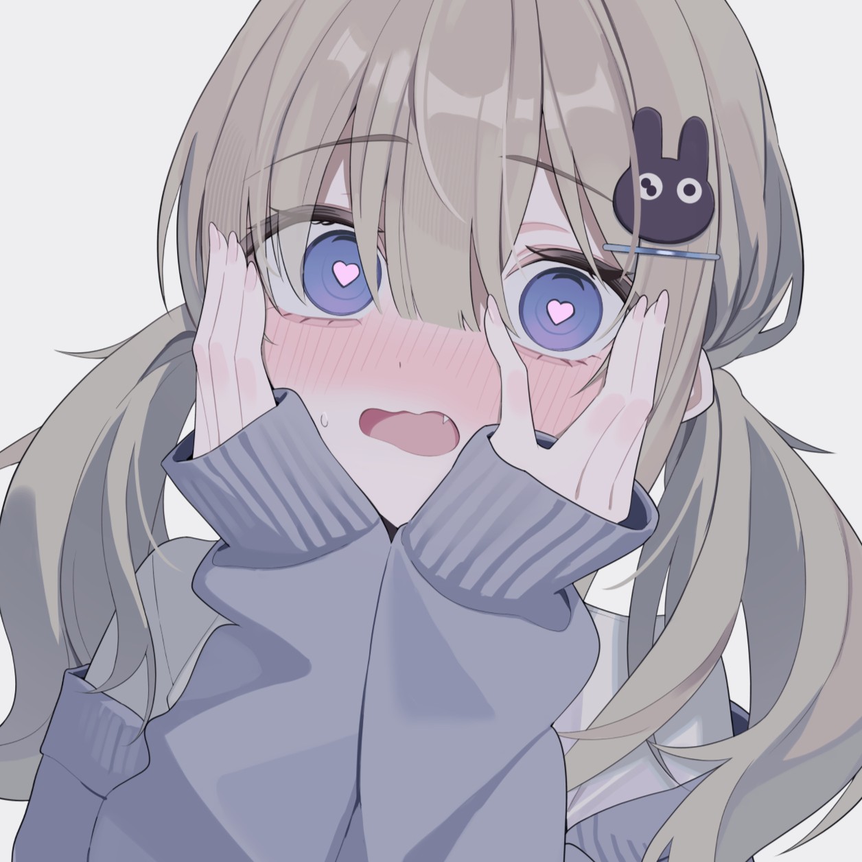 mizu (lzzrwi603), original, highres, 1girl, blue cardigan, blue eyes, blush, brown hair, cardigan, fang, fingernails, grey background, hair between eyes, hair ornament, hairclip, hands on own face, hands up, heart, heart-shaped pupils, long hair, long sleeves, looking at viewer, low twintails, nose blush, off shoulder, open mouth, purple eyes, rabbit hair ornament, shirt, simple background, sleeves past wrists, solo, sweat, symbol-shaped pupils, twintails, upper body, white background, white shirt