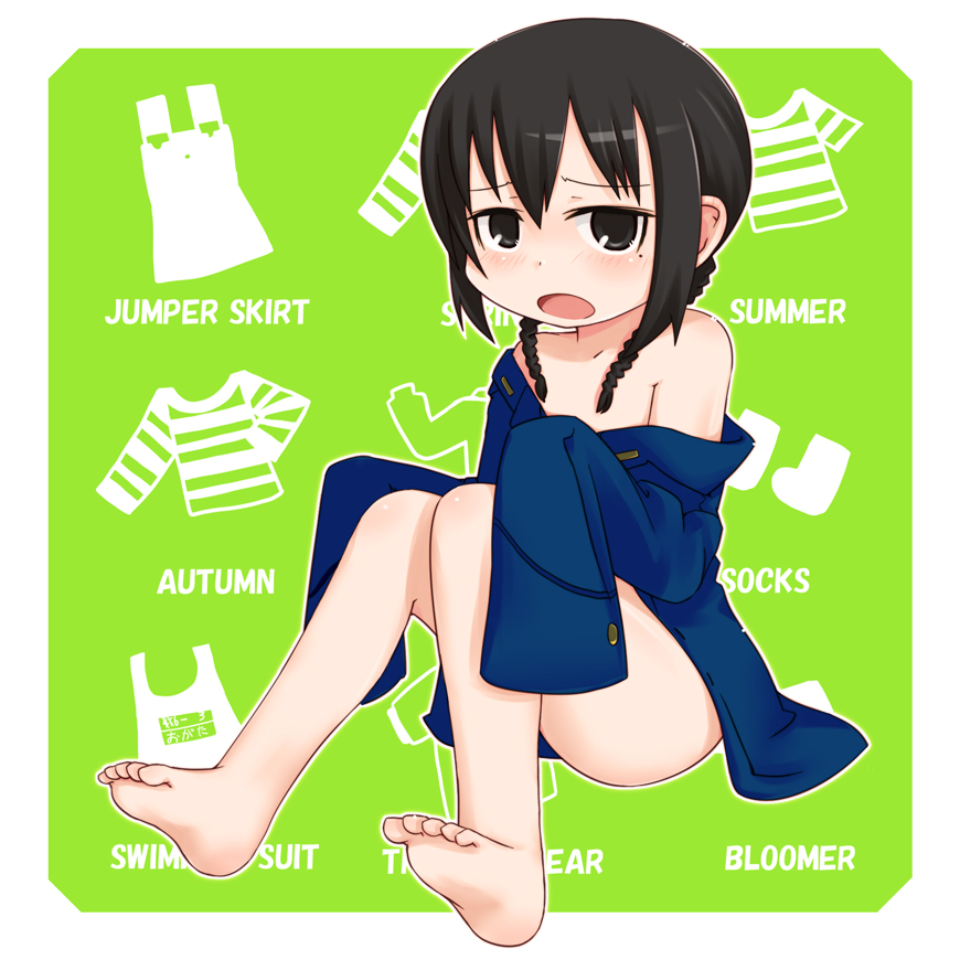 kurabayashi aya, ogata airi, mitsudomoe (manga), translated, 1girl, bare shoulders, barefoot, black eyes, black hair, blush, braid, feet, female focus, jacket, loli, mole, mole under eye, naked jacket, open mouth, sitting, soles, solo, toes, twin braids