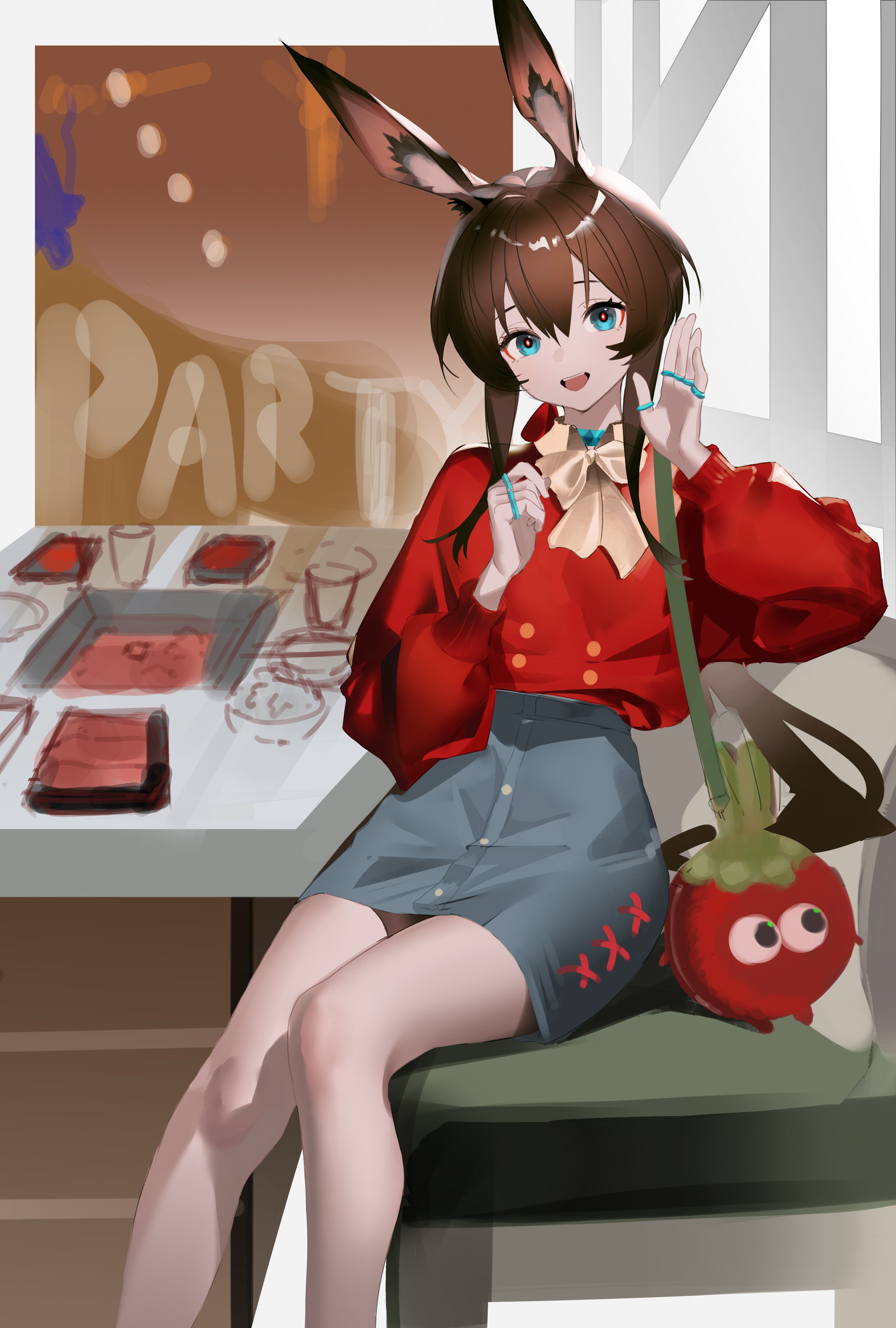 ligod, amiya (arknights), infection monitor (arknights), arknights, absurdres, hashtag-only commentary, highres, 1girl, :d, alternate costume, animal ear fluff, animal ears, aqua eyes, arms up, bag, blue skirt, brown collar, brown hair, brown ribbon, collar, feet out of frame, hair between eyes, head tilt, jewelry, long hair, long sleeves, looking at viewer, miniskirt, open mouth, rabbit ears, rabbit girl, red pupils, red sweater, ribbon, ring, shoulder bag, sidelocks, sitting, skirt, smile, solo, sweater, teeth, upper teeth only