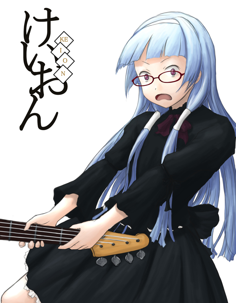 chairopen, akiyama mio, nagi, fuwafuwa time, k-on!, kannagi, 1girl, akiyama mio (cosplay), bass guitar, blue hair, blunt bangs, cosplay, dress, female focus, frown, glasses, hairband, instrument, long hair, parody, purple eyes, solo, white background