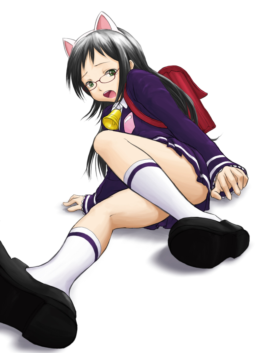 chairopen, hazuki kurumi, kaitou tenshi twin angel, twin angel, 10s, 1girl, animal ears, arm support, backpack, bag, bell, black hair, black shoes, cat ears, censored, convenient censoring, convenient leg, female focus, flat chest, glasses, green eyes, hairband, kneehighs, kneepits, legs, long hair, long sleeves, looking at viewer, lying, miniskirt, on side, open mouth, pleated skirt, randoseru, school uniform, shoes, simple background, skirt, socks, solo, tears, thighs, white background, white socks