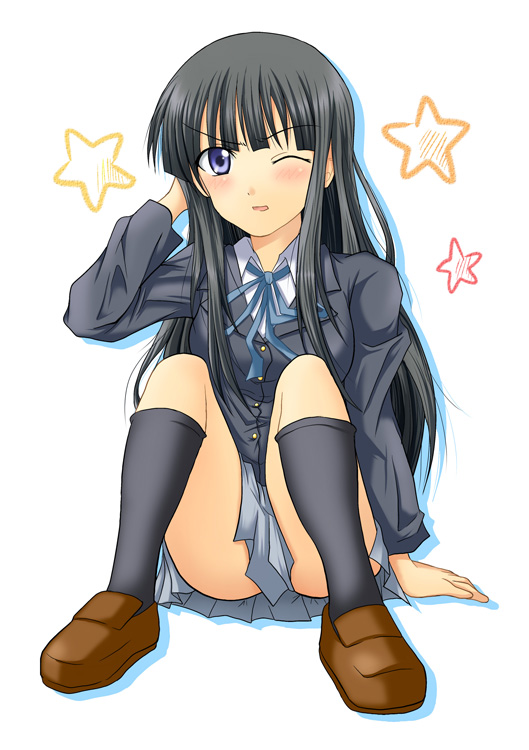 longest (pixiv), shundou ryuuto, akiyama mio, k-on!, 00s, 1girl, arm support, black hair, blue eyes, blunt bangs, blush, female focus, hime cut, kneehighs, long hair, one eye closed, ribbon, school uniform, shoes, skirt, socks, solo, star (symbol), wink
