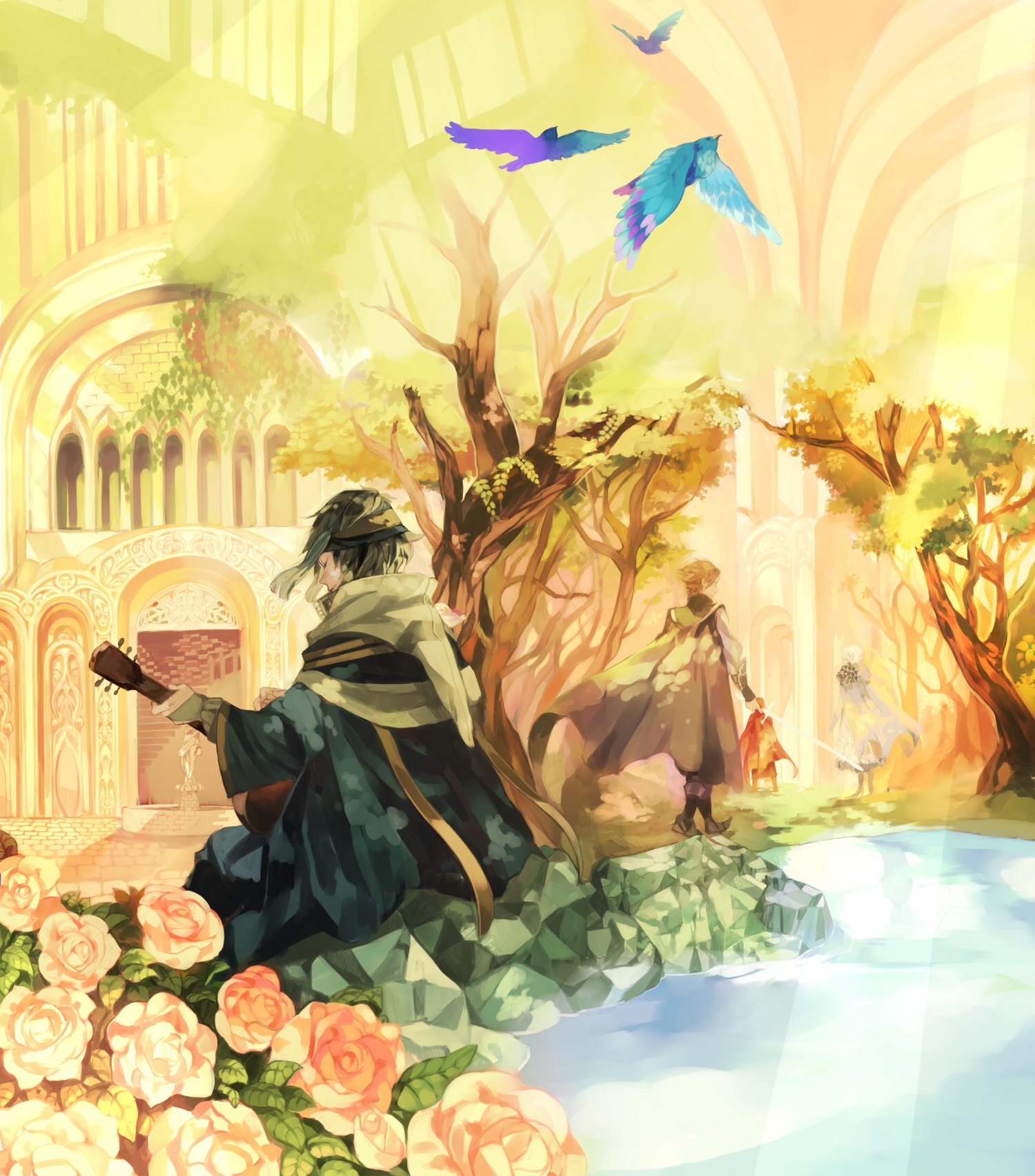 kawwa, pixiv fantasia, pixiv fantasia 3, bad id, bad pixiv id, highres, 1girl, 3boys, acoustic guitar, bird, flower, guitar, instrument, multiple boys, rock, sunlight, sword, tree, water, weapon