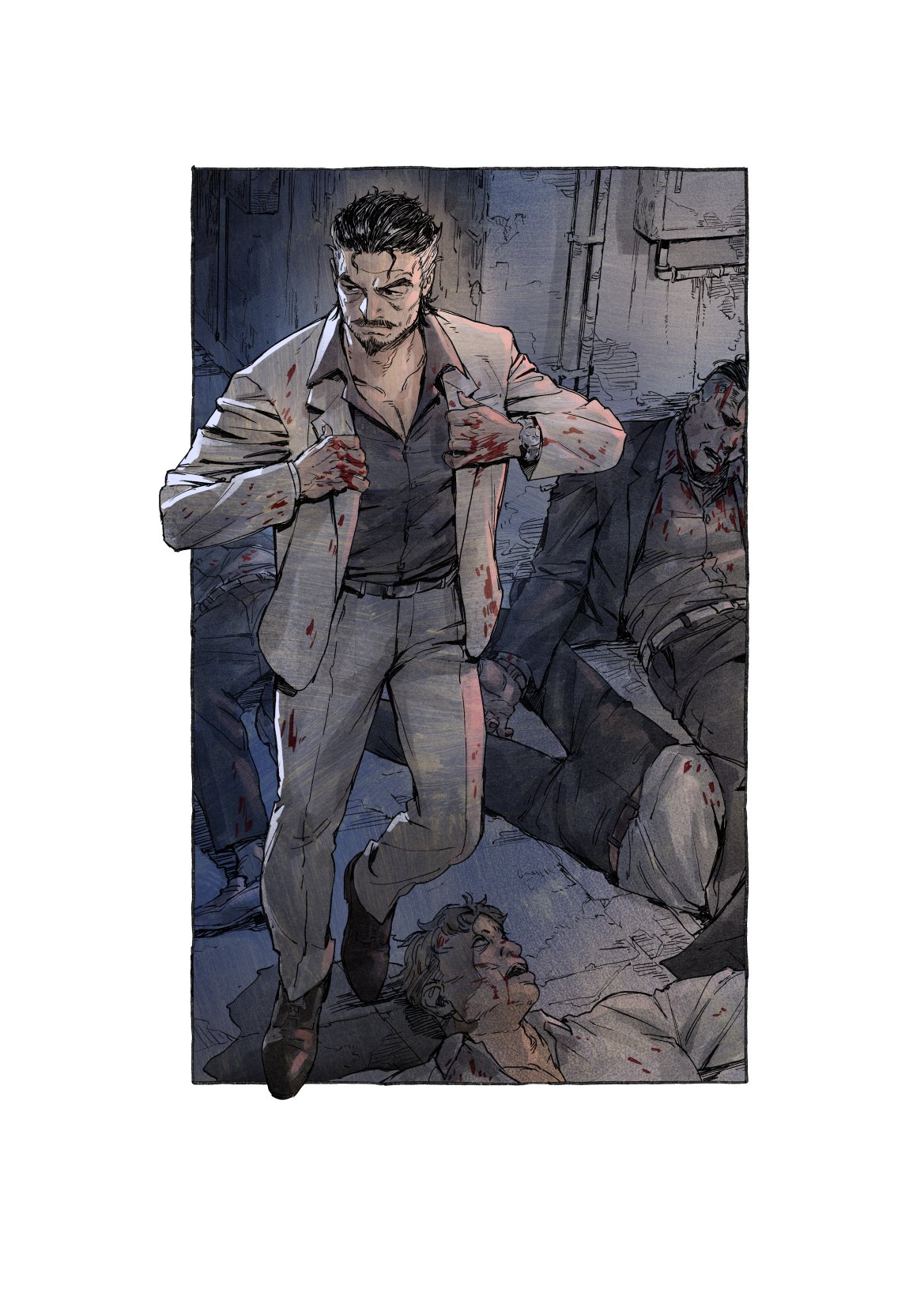 12v, original, commission, highres, skeb commission, 4boys, adjusting clothes, alley, beard, belt, black hair, black shoes, blood, blood on hands, closed mouth, expressionless, facial hair, fainted, furrowed brow, grey pants, injury, long sleeves, looking to the side, male focus, mature male, multiple boys, outdoors, pants, pectoral cleavage, pectorals, shoes, short hair, v-shaped eyebrows, watch, wristwatch