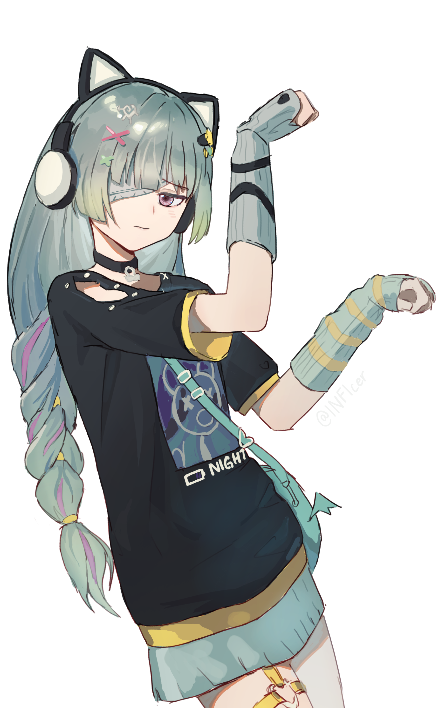 inficer, phrolova (wuthering waves), wuthering waves, absurdres, commentary request, highres, partial commentary, 1girl, alternate costume, animal ear headphones, animal ears, arm cutout, bandage over one eye, black shirt, braid, cat ear headphones, cat ears, closed mouth, clothing cutout, cowboy shot, fake animal ears, grey skirt, hair ornament, hands up, headphones, long hair, looking at viewer, low-braided long hair, low-tied long hair, multicolored hair, paw pose, pink eyes, shirt, simple background, skirt, solo, streaked hair, white background