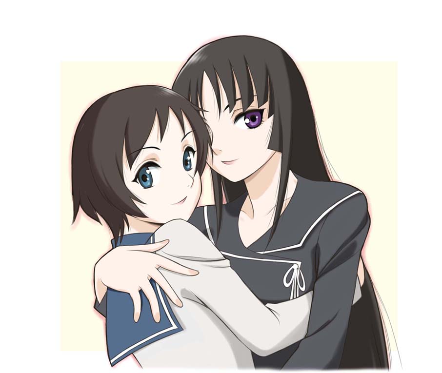sabachiyo land, isayama yomi, tsuchimiya kagura, ga-rei, ga-rei zero, 00s, 2girls, black hair, blue eyes, blunt bangs, brown hair, hime cut, hug, long hair, multiple girls, purple eyes, school uniform, serafuku, short hair, very long hair, yuri