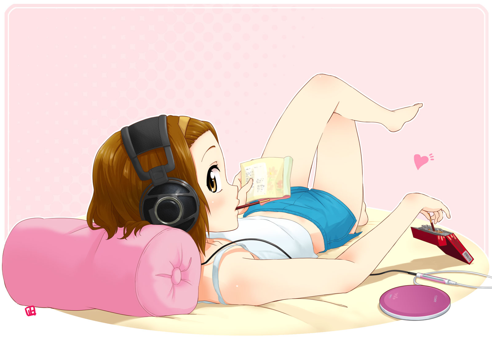 nagian, tainaka ritsu, k-on!, bad id, bad pixiv id, highres, 00s, 1girl, bad anatomy, bad feet, barefoot, border, brown eyes, brown hair, cd player, cd walkman, dolphin shorts, eating, female focus, food, full body, hairband, halftone, halftone background, headphones, looking at viewer, looking back, lying, mouth hold, pillow, pocky, poorly drawn, short hair, short shorts, shorts, solo, tank top, tomboy, white border
