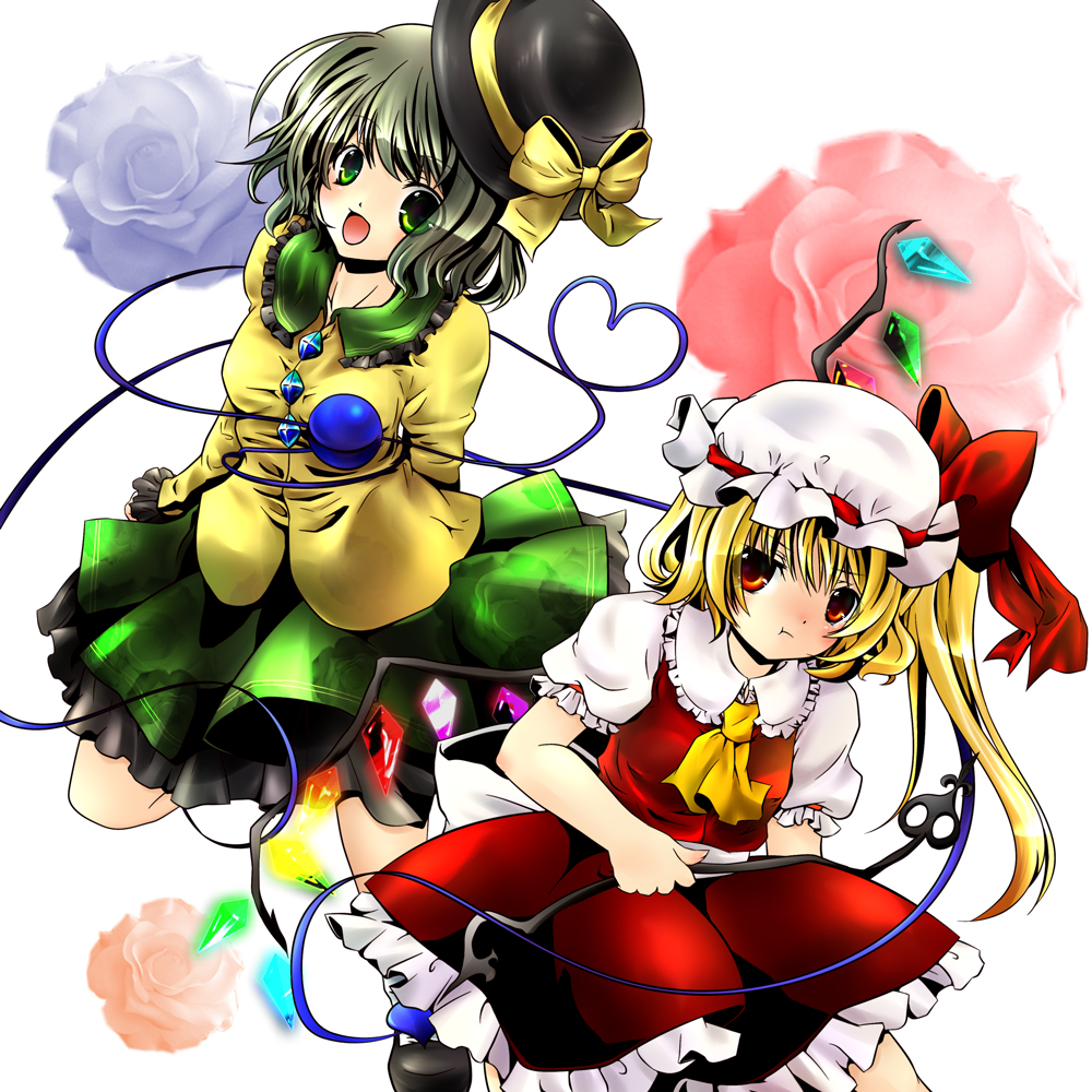akina (artist), akina (schism), flandre scarlet, komeiji koishi, touhou, silver hair, bad id, bad pixiv id, 2girls, :d, :t, ascot, blonde hair, blue flower, blue rose, bow, female focus, flower, green eyes, green hair, hat, hat bow, heart, heart of string, laevatein, mary janes, multiple girls, open mouth, ponytail, pout, red eyes, rose, shoes, short hair, side ponytail, skirt, skirt set, smile, third eye, unworn hat, unworn headwear, wings