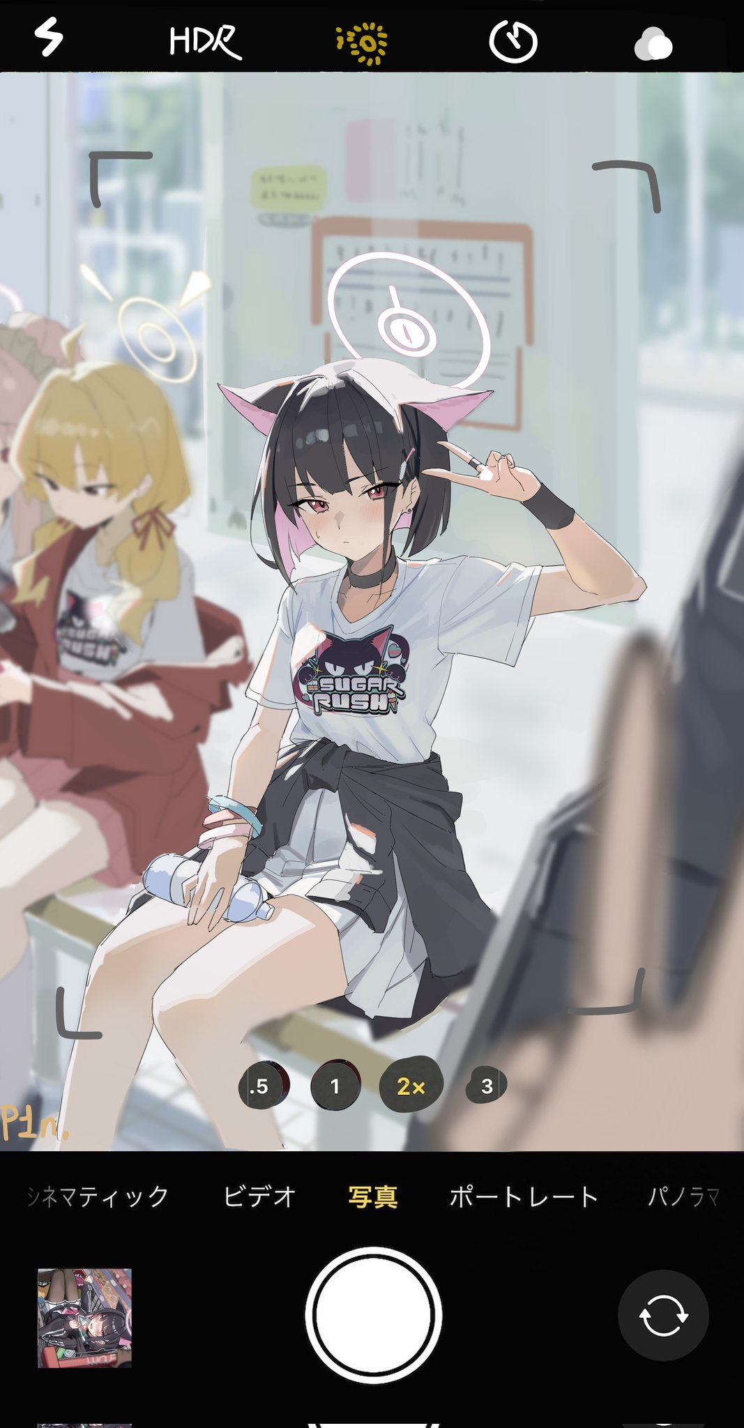 p1n, kazusa (band) (blue archive), kazusa (blue archive), natsu (band) (blue archive), natsu (blue archive), blue archive, highres, 3girls, ahoge, alternate costume, animal ears, black choker, black hair, black jacket, blonde hair, blush, bottle, cat ears, choker, closed mouth, clothes around waist, colored inner hair, extra ears, fake phone screenshot, fake screenshot, halo, holding, holding bottle, jacket, jacket around waist, long hair, looking at viewer, multicolored hair, multiple girls, pink hair, pink halo, pleated skirt, red eyes, red jacket, shirt, short hair, short sleeves, sitting, skirt, solo focus, taking picture, track jacket, twintails, user interface, v, viewfinder, water bottle, white shirt, white skirt, wristband, yellow halo