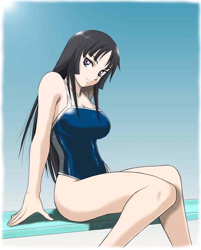sabachiyo land, isayama yomi, ga-rei, ga-rei zero, 00s, 1girl, arm support, black hair, blunt bangs, breasts, cleavage, female focus, hime cut, long hair, one-piece swimsuit, purple eyes, school swimsuit, smile, solo, swimsuit