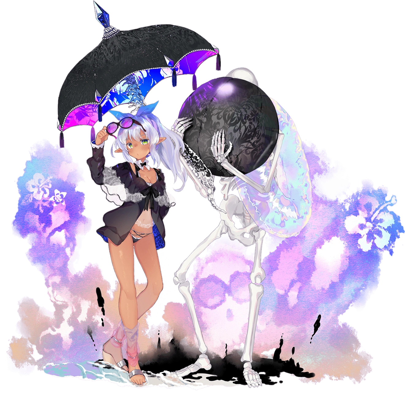 sennen sensou aigis, highres, promotional art, 1girl, 1other, :o, ball, blush, breasts, coat, dark-skinned female, dark skin, elf, feet, full body, green eyes, melabyss (sennen sensou aigis), pointy ears, sandals, skull, small breasts, sunglasses, sunglasses on head, sunglasses removed, swimsuit, transparent background, umbrella, water, wet, white hair