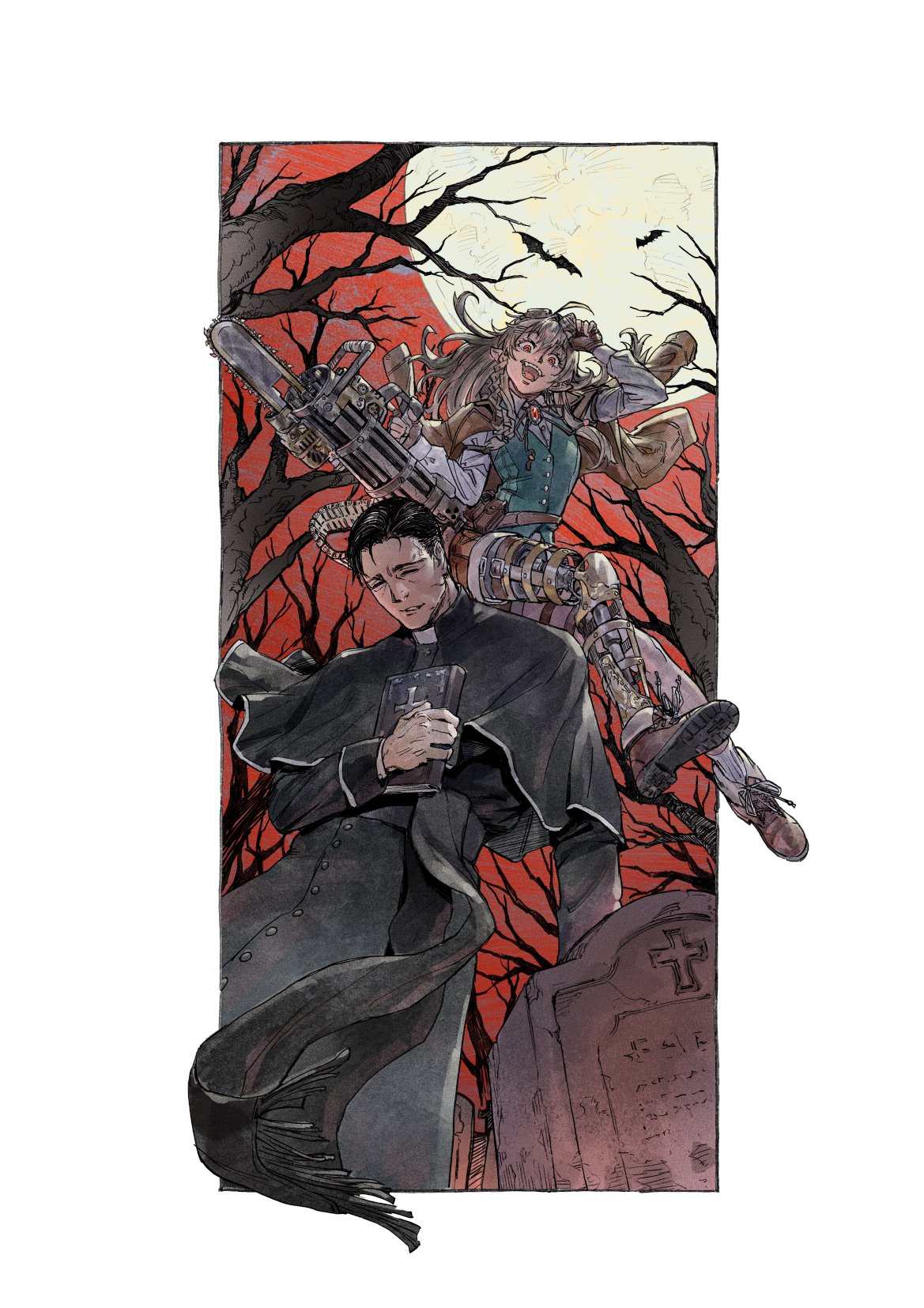 12v, original, commission, highres, skeb commission, 1boy, 1girl, ahoge, bare tree, bat (animal), bible (object), black hair, book, border, braid, brooch, chainsaw, collared shirt, full body, full moon, goggles, goggles on head, green vest, grey hair, gun, holding, holding book, jewelry, looking at viewer, moon, night, open mouth, pointy ears, priest, prosthesis, prosthetic leg, red eyes, red sky, shirt, short hair, sky, tombstone, tree, vest, weapon, white border