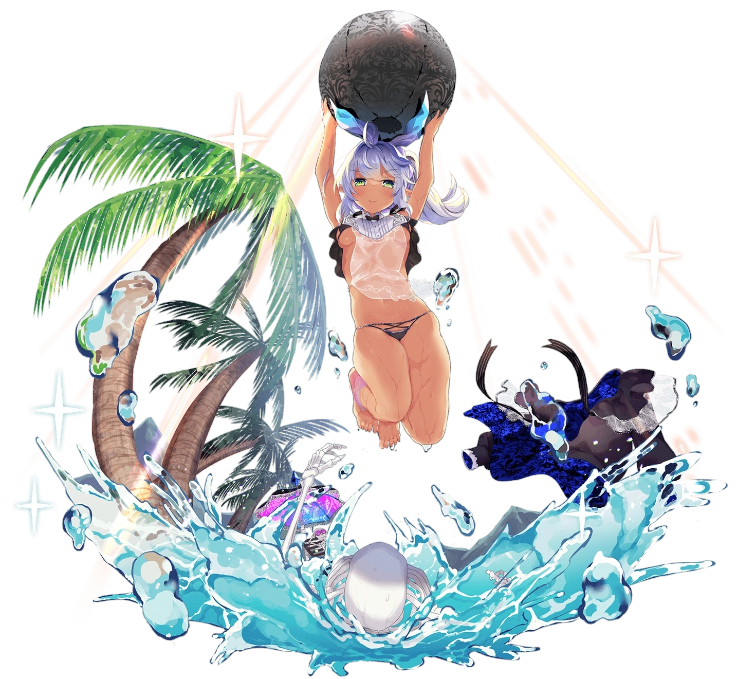 sennen sensou aigis, highres, promotional art, 1girl, arms up, ball, breasts, dark-skinned female, dark skin, elf, feet, floating hair, full body, green eyes, handkerchief, jumping, melabyss (sennen sensou aigis), navel, palm tree, pointy ears, sideboob, small breasts, smile, swimsuit, transparent background, tree, undressing, water, wet, white hair