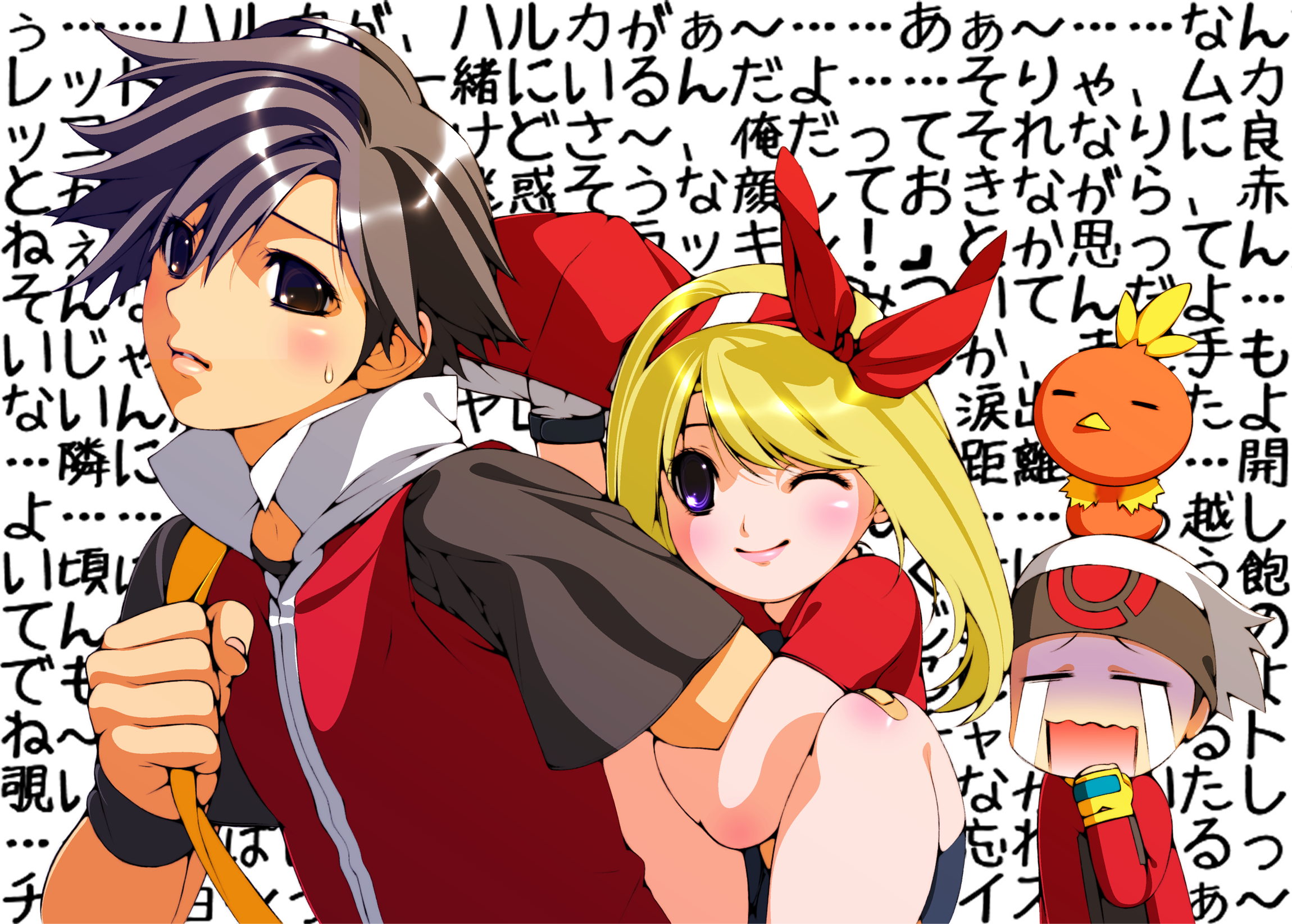 yagitori, brendan (pokemon), may (pokemon), red (pokemon), torchic, nintendo, pokemon, pokemon adventures, arm grab, bad id, bad pixiv id, highres, translation request, 1girl, 2boys, = =, bandaid, bandana, black hair, blonde hair, blue eyes, bow, clinging, flirting, gen 3 pokemon, hair bow, hair ribbon, hat, jealous, lipstick, makeup, multiple boys, one eye closed, pokemon (creature), ribbon, short hair, smile, sweatdrop, tears, wall of text, wink