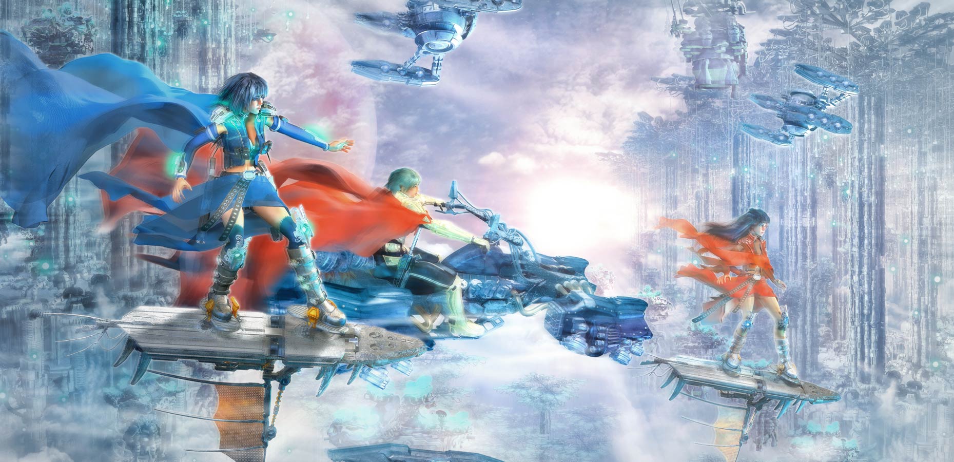 arsenixc, original, bad id, bad pixiv id, highres, cape, hover bike, hoverboard, robot, science fiction, sky