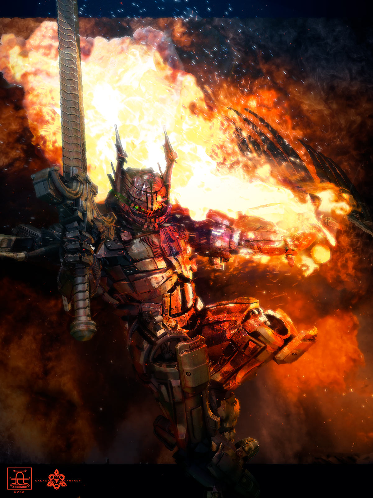 arsenixc, original, bad id, bad pixiv id, highres, armor, fire, sword, weapon