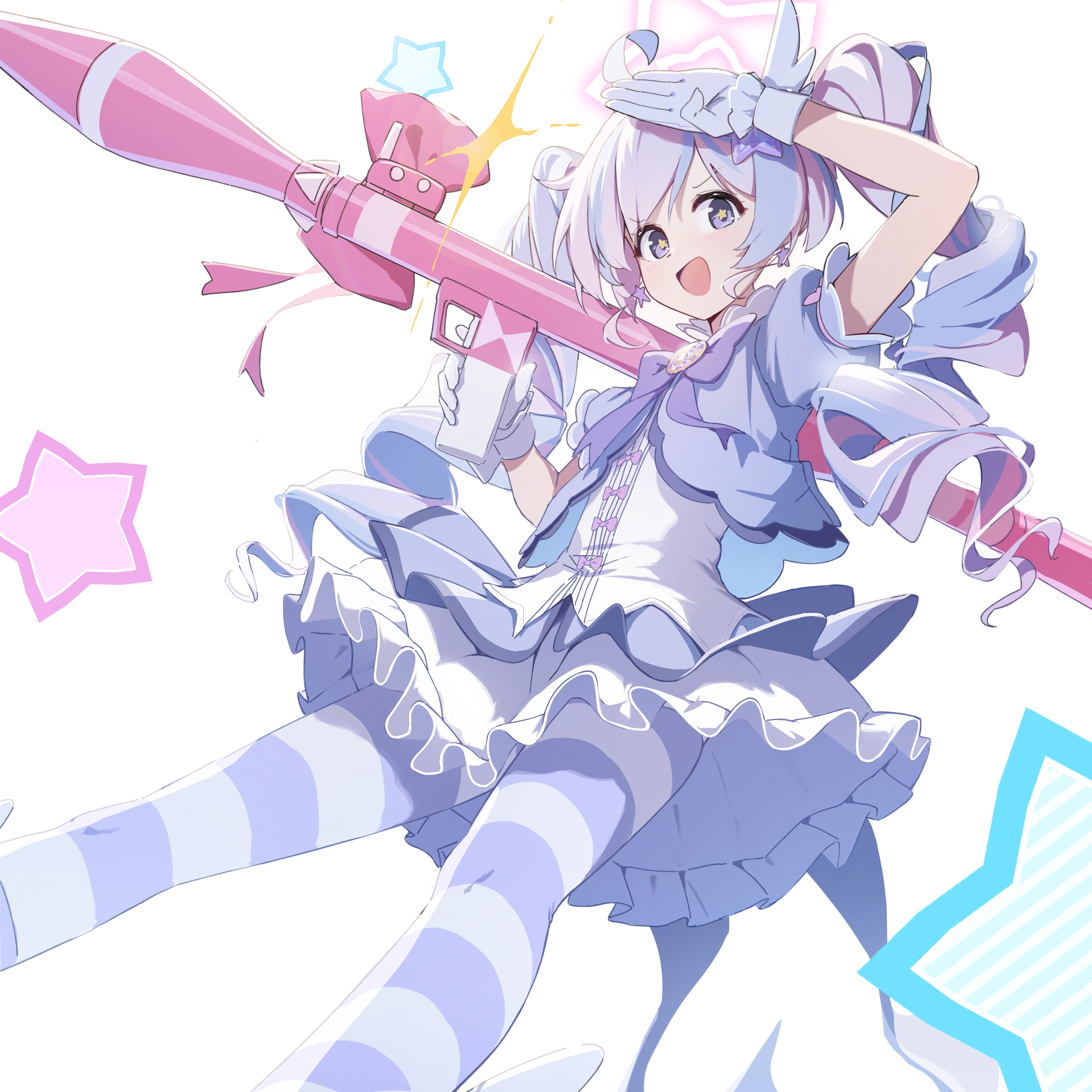 xintianou, reisa (blue archive), reisa (magical) (blue archive), blue archive, absurdres, highres, 1girl, ahoge, dress, gloves, halo, hand up, holding, holding rocket launcher, holding weapon, long hair, magical girl, multicolored hair, official alternate costume, official alternate hairstyle, pantyhose, pink hair, puffy short sleeves, puffy sleeves, purple dress, purple eyes, purple hair, rocket launcher, salute, short sleeves, simple background, smile, solo, star-shaped pupils, star (symbol), striped clothes, striped pantyhose, symbol-shaped pupils, twintails, two-tone hair, v-shaped eyebrows, very long hair, weapon, white background, white gloves