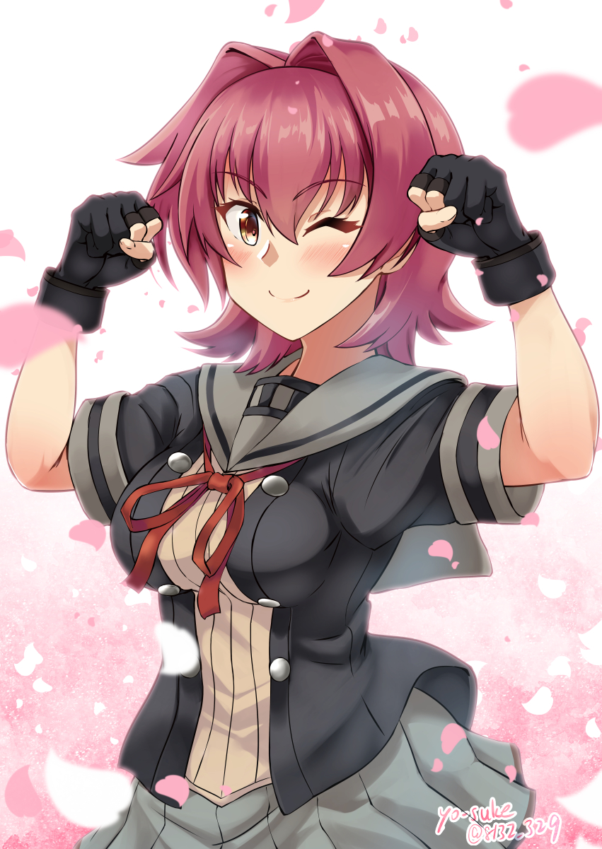 yo-suke, kinu (kancolle), kinu kai ni (kancolle), kantai collection, highres, 1girl, black jacket, brown eyes, cowboy shot, flexing, grey sailor collar, grey skirt, hair intakes, jacket, one eye closed, petals, pleated skirt, red hair, sailor collar, school uniform, serafuku, shirt, short hair, skirt, smile, solo, yellow shirt