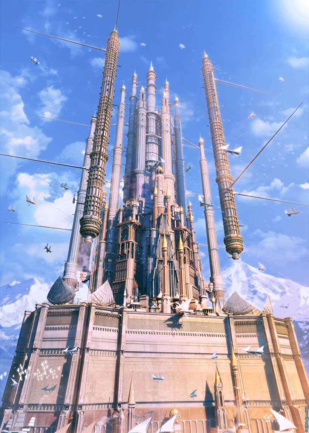 arsenixc, original, highres, aircraft, airship, bird, castle, cloud, day, fantasy, flying, mountain, no humans, scenery, ship, sky, sun, watercraft