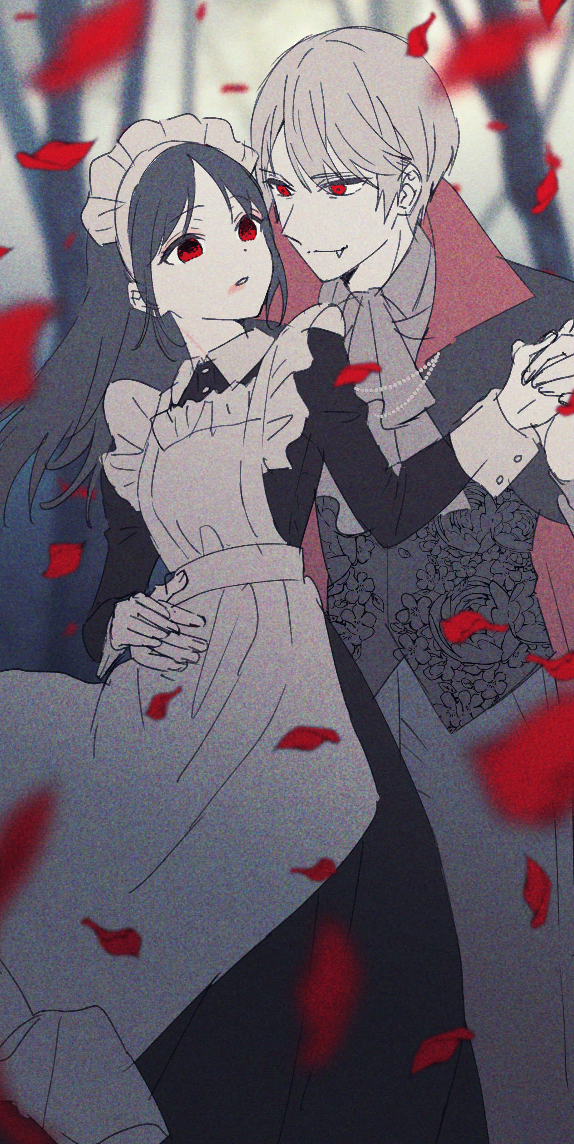 yokoyama honoka, shirogane miyuki, kaguya-sama wa kokurasetai ~tensai-tachi no renai zunousen~, absurdres, character request, highres, 1boy, 1girl, apron, halloween, long hair, maid, maid apron, maid headdress, smile, vampire