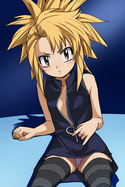 haruyama kazunori, mio (zettai karen children), tsukushi mio, zettai karen children, 00s, 1girl, blonde hair, female focus, panties, pantyshot, sitting, socks, solo, striped clothes, striped socks, striped thighhighs, thighhighs, underwear, upskirt, white panties