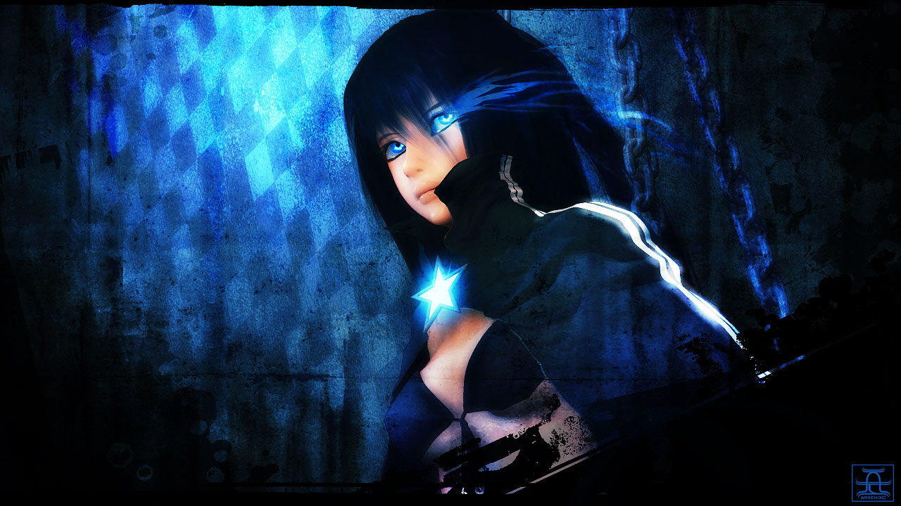 arsenixc, black rock shooter (character), black rock shooter, bad id, bad pixiv id, 10s, bikini, bikini top only, black hair, blue eyes, chain, coat, dark, glowing, glowing eyes, lips, long hair, realistic, solo, star (symbol), swimsuit