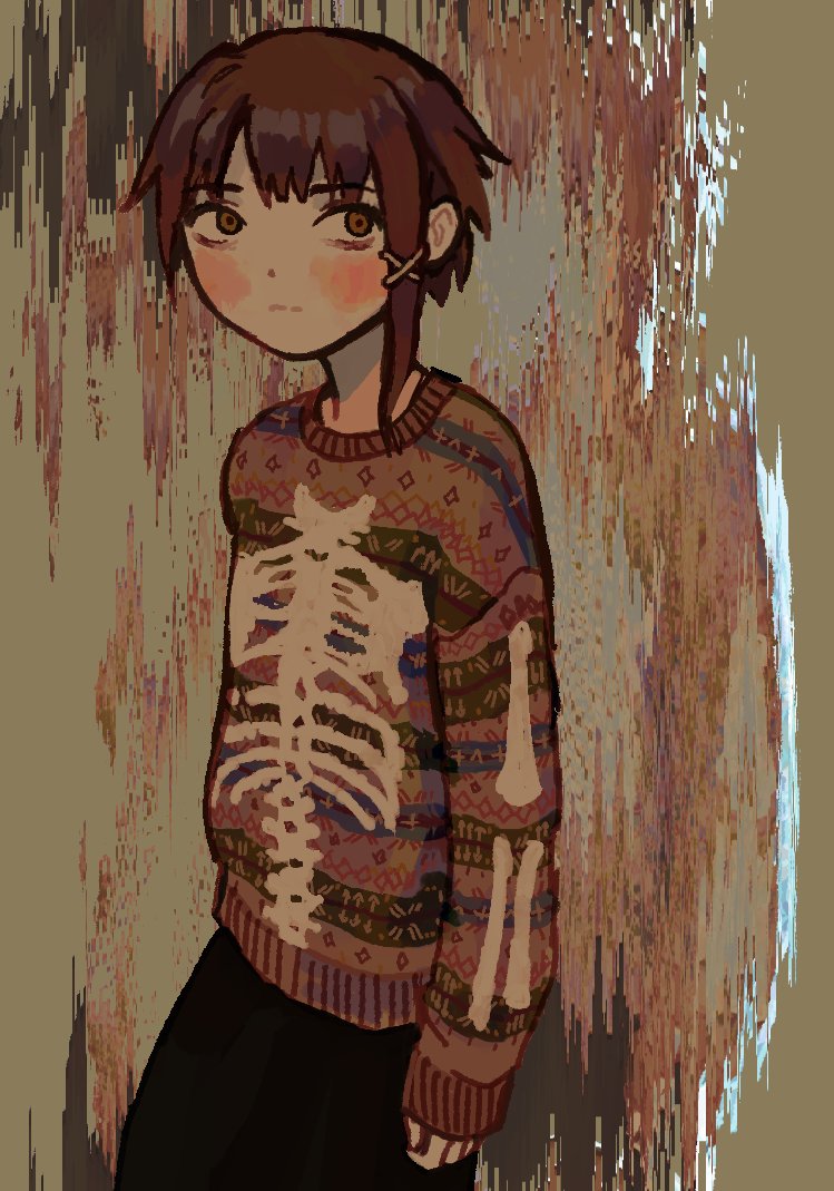 io (onisarashi), iwakura lain, serial experiments lain, commentary, english commentary, 1girl, asymmetrical bangs, blush, brown eyes, brown hair, hair ornament, hairclip, long sleeves, looking to the side, skeleton print, sleeves past wrists, solo, sweater, x hair ornament