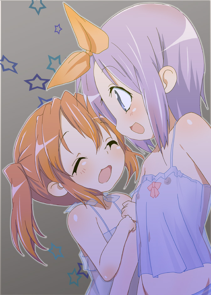 agenasu, hiiragi tsukasa, kobayakawa yutaka, lucky star, 00s, 2girls, bare shoulders, blush, bow, camisole, closed eyes, flat chest, hair bow, happy, holding another's arm, holding own arm, lingerie, multiple girls, nipples, open mouth, panties, purple hair, red hair, see-through clothes, short hair, short twintails, smile, star (symbol), striped clothes, striped panties, twintails, underwear