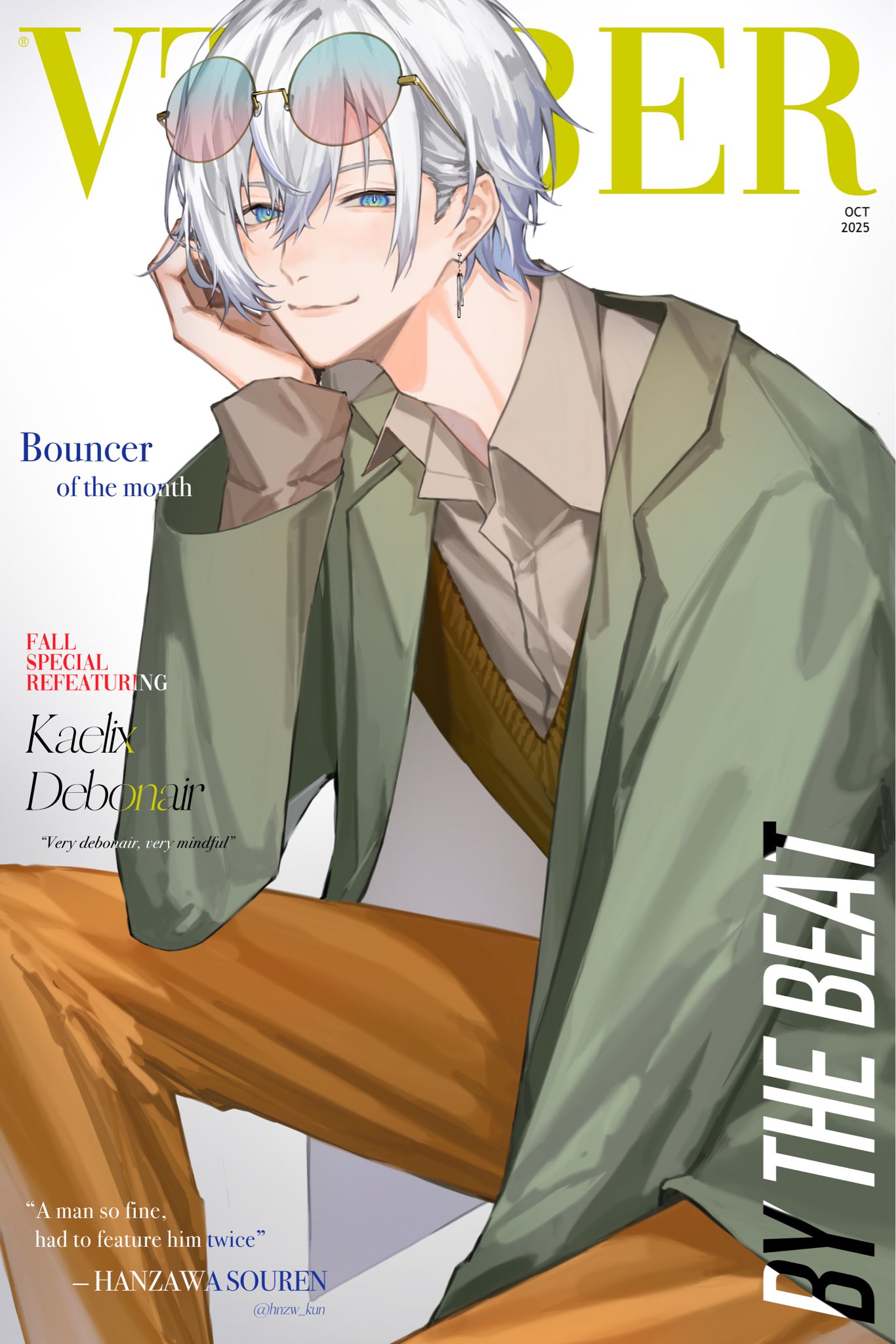 hnzw kun, kaelix debonair, nijisanji, nijisanji en, highres, 1boy, blue eyes, closed mouth, collared shirt, earrings, glasses, hair between eyes, hand on own cheek, hand on own face, jewelry, long sleeves, looking at viewer, male focus, multicolored eyes, shirt, short hair, sitting, smile, solo, virtual youtuber, white background, white hair