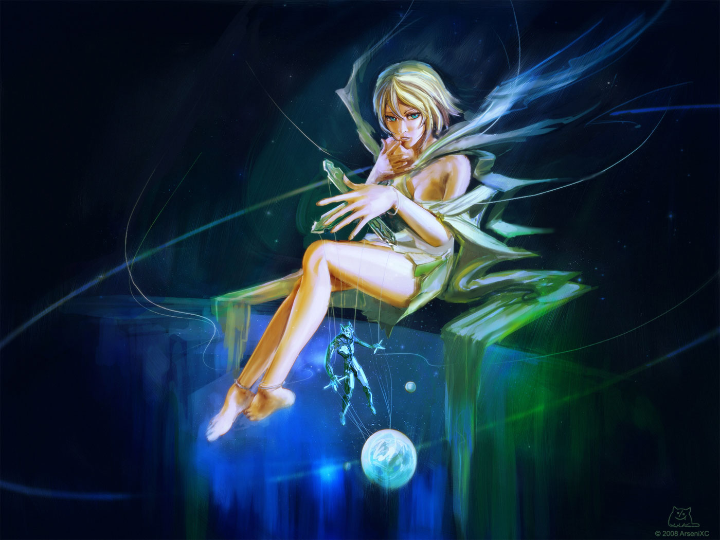 arsenixc, original, bad id, bad pixiv id, aqua eyes, bare shoulders, barefoot, blonde hair, feet, planet, puppet, short hair, solo, space, surreal