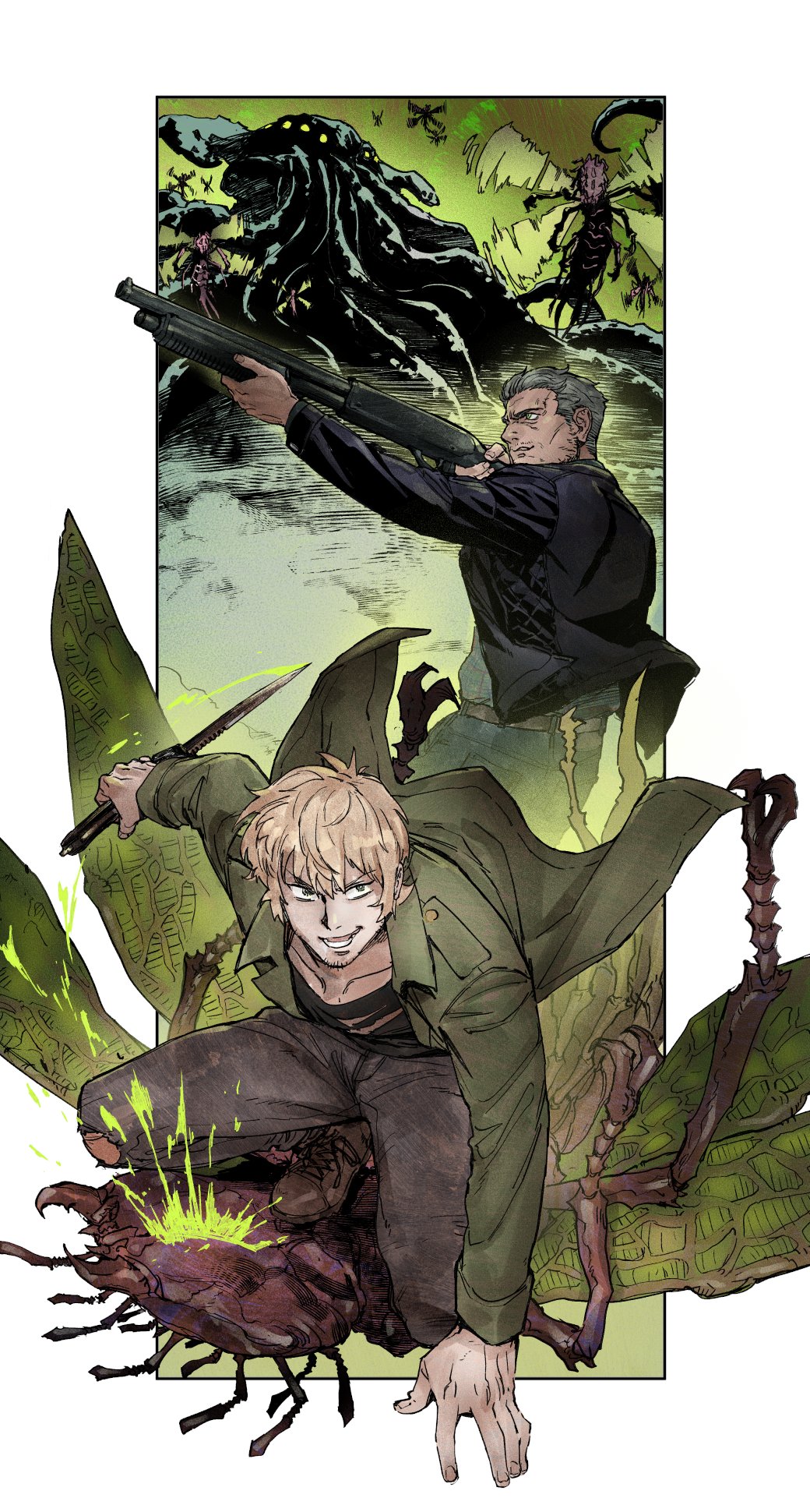 12v, original, highres, 2boys, black hair, black shirt, blood, border, brown hair, bug, facial hair, goatee stubble, green blood, grey eyes, grey hair, gun, holding, holding gun, holding knife, holding weapon, knife, long sleeves, male focus, mature female, monster, multiple boys, open mouth, parted lips, shirt, short hair, shotgun, stubble, weapon, white border