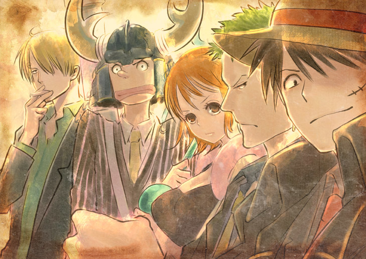 kito (coyo), monkey d. luffy, nami (one piece), roronoa zoro, sanji (one piece), usopp, one piece, one piece: strong world, green neckwear, red neckwear, 1girl, 4boys, black dress, black hair, blonde hair, blue shirt, brown eyes, cigarette, dress, formal clothes, green hair, hair over one eye, hat, helmet, multiple boys, necktie, open collar, orange hair, pirate, pole, scar, shirt, short hair, smoking, straw hat, striped clothes, striped shirt, suit, weapon