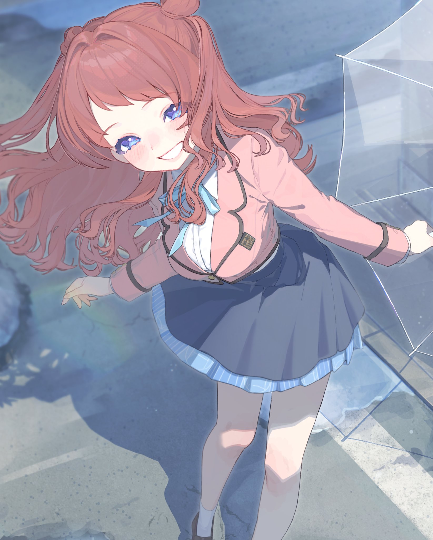 yuusuke (yyy xp), hanami ume, gakuen idolmaster, idolmaster, highres, 1girl, black skirt, blazer, blue eyes, blue skirt, blush, breasts, brown hair, double bun, floating hair, grin, hair bun, holding, holding umbrella, jacket, leaning forward, loafers, long hair, long sleeves, looking at viewer, neck ribbon, outdoors, pink jacket, puddle, ribbon, school uniform, shirt, shoes, skirt, smile, socks, solo, standing, transparent, transparent umbrella, umbrella, white shirt, white socks