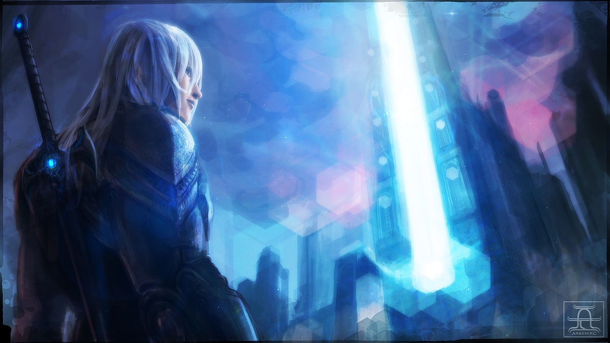arsenixc, original, bad id, bad pixiv id, 1boy, armor, fantasy, gate, long hair, male focus, pauldrons, shoulder armor, solo, sword, weapon, white hair