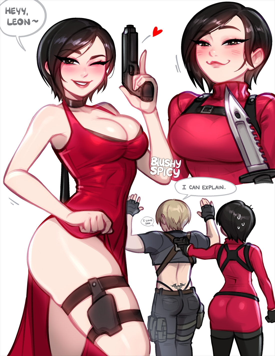 blushyspicy, ada wong, crewmate (among us), leon s. kennedy, among us, resident evil, resident evil 4, resident evil 4 (remake), commentary, english commentary, highres, 1boy, 1girl, artist name, ass, back tattoo, black choker, black gloves, black hair, blonde hair, breasts, brown hair, character name, choker, cleavage, dress, english text, fingerless gloves, gloves, gun, handgun, heart, holding, holding gun, holding weapon, knife, knife cat (meme), large breasts, looking at viewer, meme, pantyhose, red dress, shiny skin, shirt, short hair, simple background, skindentation, speech bubble, tattoo, tramp stamp, weapon, white background