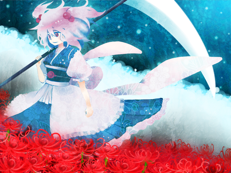 tu2ki, onozuka komachi, touhou, 1girl, female focus, flower, hair bobbles, hair ornament, plant, red eyes, red flower, red hair, scythe, short hair, solo, spider lily, standing, twintails, two side up
