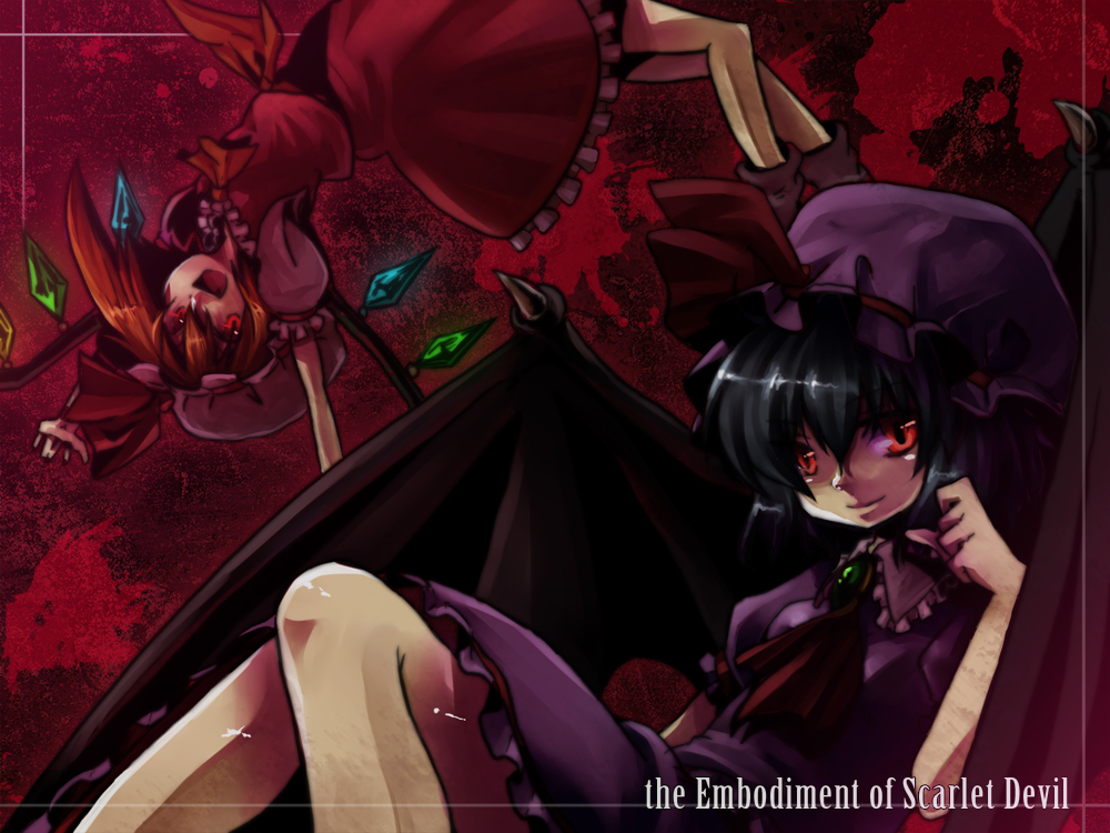 tu2ki, flandre scarlet, remilia scarlet, touhou, 2girls, bat wings, black hair, blonde hair, female focus, hat, multiple girls, ponytail, red eyes, short hair, siblings, side ponytail, sisters, wings