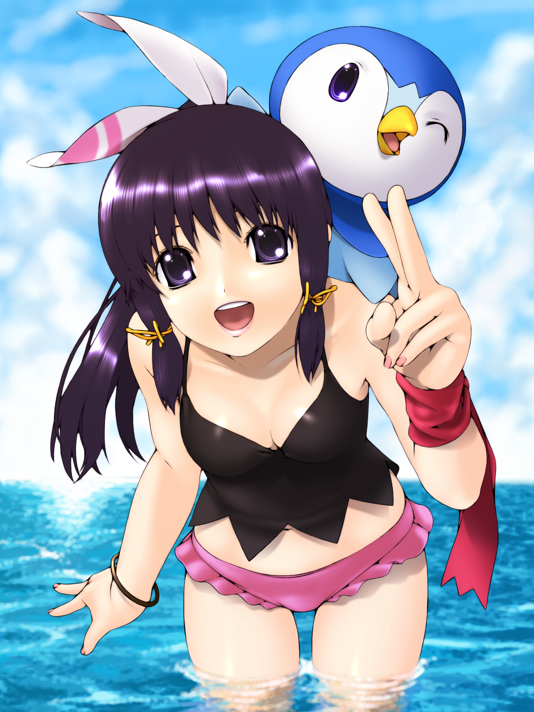 yagitori, dawn (pokemon), piplup, nintendo, pokemon, absurdres, bad id, bad pixiv id, highres, 1girl, bikini, bikini bottom only, bow, bracelet, breasts, camisole, cleavage, cloud, day, gen 4 pokemon, hair bow, hair ribbon, jewelry, lipstick, long hair, makeup, midriff, nail polish, navel, ocean, one eye closed, outdoors, panties, pink nails, pink panties, pokemon (creature), ponytail, purple eyes, purple hair, ribbon, scarf, sky, small breasts, smile, swimsuit, thighs, underwear, water, wink
