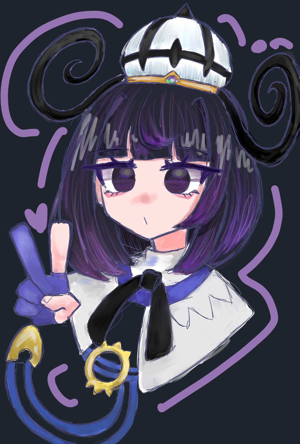 gwynn (pokemon), nintendo, pokemon, pokemon legends: z-a, highres, 1girl, @ @, belt, belt buckle, black dress, blunt bangs, bob cut, buckle, coat, cutter 0303, dress, eyelashes, gloves, hat, o-ring, o-ring belt, open clothes, open coat, partially fingerless gloves, purple eyes, purple hair, short hair, solo, v, white coat