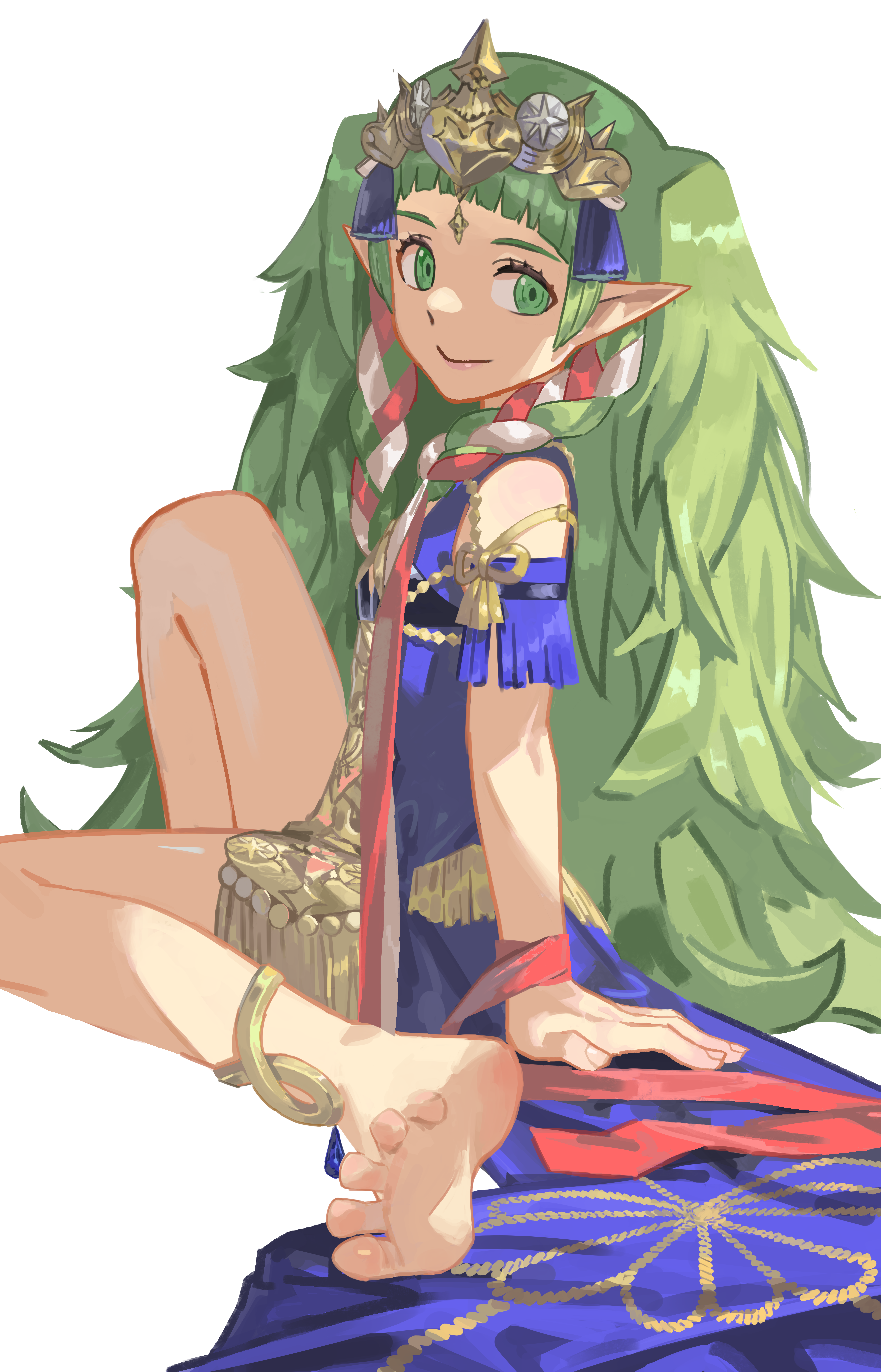 kucheat zg, sothis (fire emblem), fire emblem, fire emblem: three houses, nintendo, absurdres, commentary request, highres, 1girl, barefoot, green eyes, green hair, jewelry, long hair, looking at viewer, pointy ears, simple background, sitting, smile, soles, solo, toes, white background