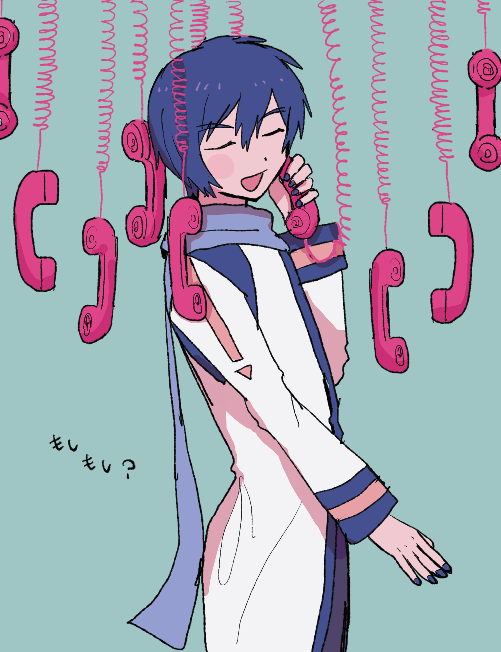 fuyuno (ramentaro23), kaito (vocaloid), vocaloid, commentary request, highres, translation request, 1boy, blue background, blue hair, cable, closed eyes, coat, from side, holding, holding phone, long sleeves, male focus, nail polish, open mouth, phone, scarf, short hair, smile, solo