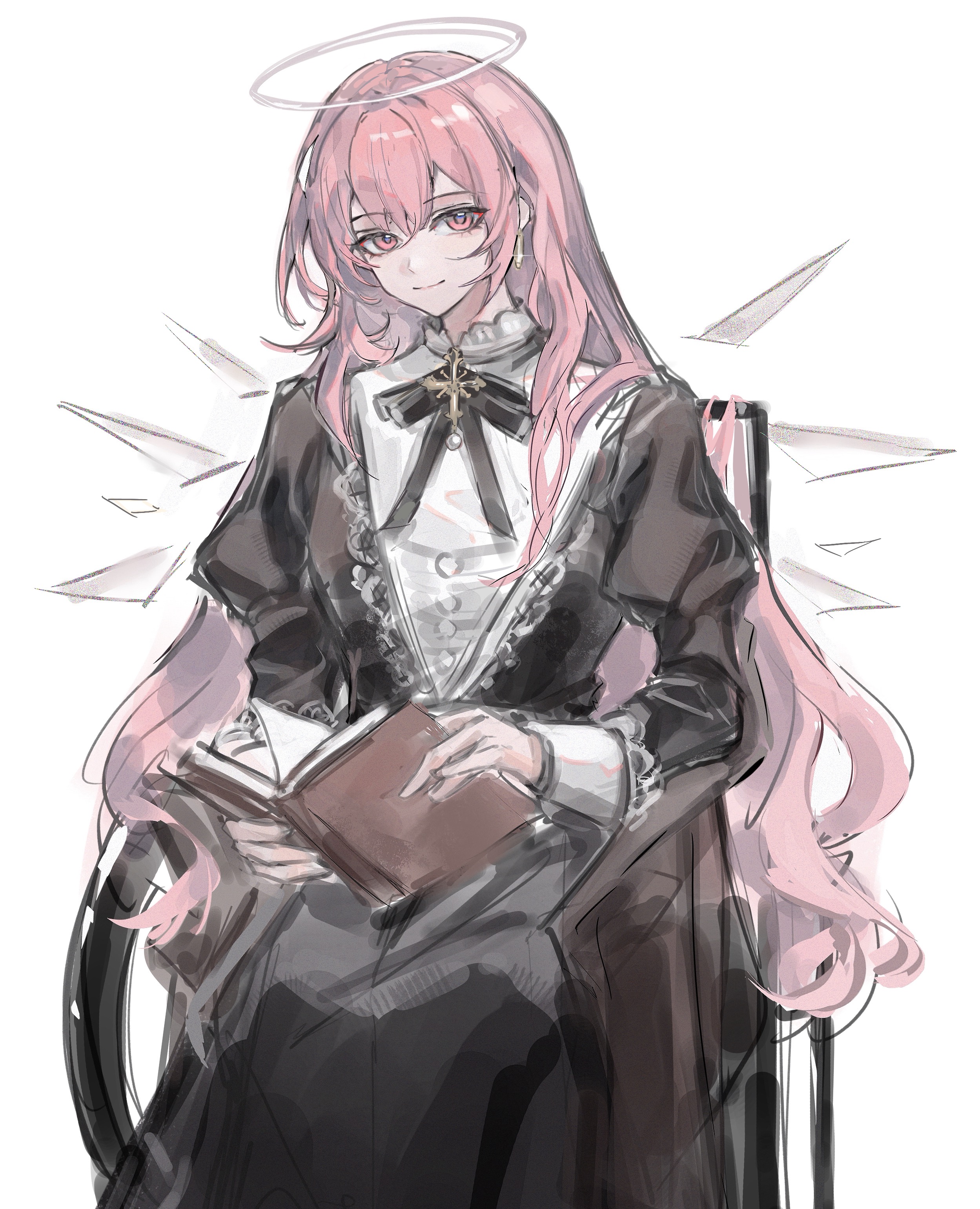 zhishi mao tiao, lemuen (arknights), arknights, absurdres, highres, 1girl, black bow, black bowtie, black dress, book, bow, bowtie, closed mouth, detached wings, dress, earrings, hair between eyes, halo, holding, holding book, jewelry, long hair, long sleeves, looking at viewer, open book, pink eyes, pink hair, simple background, sitting, sketch, smile, solo, traditional halo, white background, white halo, wings
