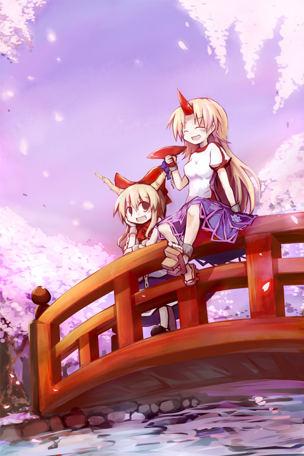 dorua (dollar), hoshiguma yuugi, ibuki suika, touhou, 2girls, blonde hair, bridge, cherry blossoms, female focus, geta, hair ribbon, horns, multiple girls, petals, ribbon, single horn