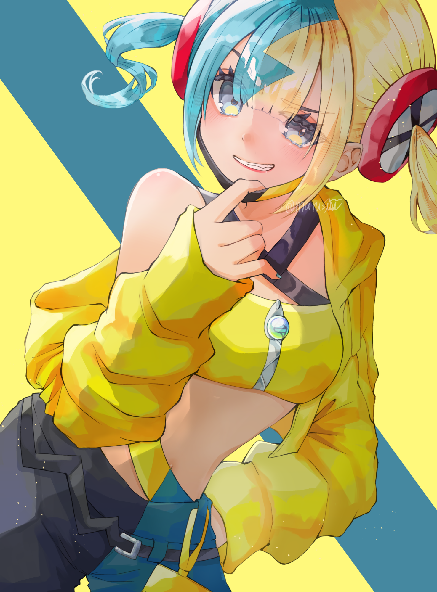 marushi (marusiiiil), canari (pokemon), nintendo, pokemon, pokemon legends: z-a, highres, 1girl, black pants, blonde hair, blue background, blue hair, blue pants, covered navel, crop top, cropped jacket, dark-skinned female, dark skin, eyelashes, jacket, looking at viewer, mask pull, mega stone, multicolored hair, open clothes, open jacket, pants, short hair, single off shoulder, smile, solo, split-color hair, twitter username, two-tone background, two-tone hair, two-tone pants, yellow background, yellow jacket