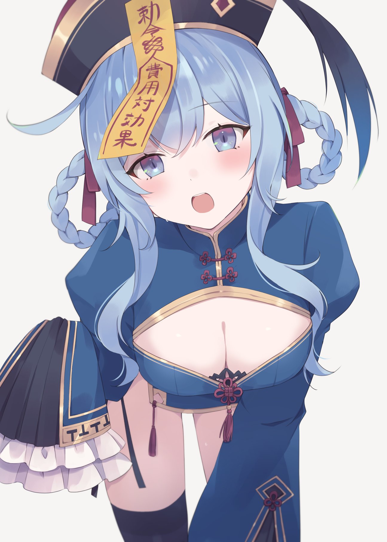 loveyuzu, evi leenhardt, muv-luv, muv-luv girls garden, highres, 1girl, black thighhighs, blue eyes, blue hair, braid, braided hair rings, breasts, chinese clothes, cleavage, cleavage cutout, clothing cutout, hair ribbon, hair rings, hat, hat ornament, jiangshi, jiangshi costume, large breasts, leaning forward, looking at viewer, multicolored eyes, ofuda, open mouth, pink eyes, qingdai guanmao, red ribbon, ribbon, sleeves past wrists, solo, teeth, thighhighs, upper teeth only, white background